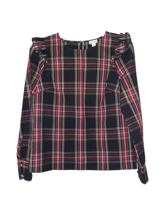 J. Crew Tops - J Crew Tartan Ruffle Blouse Long Sleeve Poplin XS